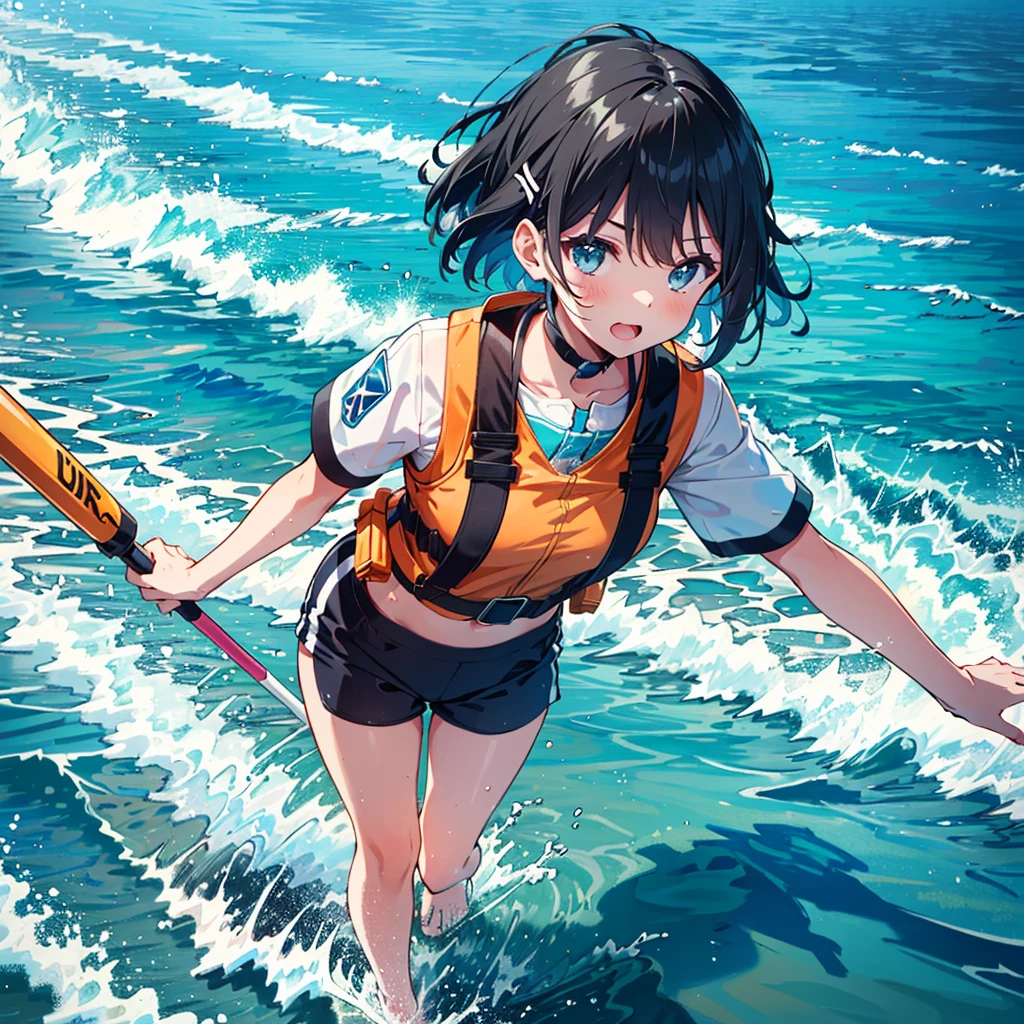 (clear line:1.1, stylish illustration:1.2, clear and beautiful:1.2),
(detailed her fingers), (detailed her hands), (detailed her arms), (detailed her legs),

((lifesaver girl)), safety vest, rash guard tops, beach, swimming cap,
sea lifeguard, pool lifeguard. beach inspector,
water splashes, day, sky, clouds,
beach side, 1girl, (solo), polo shirt, life jacket, neon colored life jacket,
surf shorts, uniform, ((short hair)), swaying ash hair, swaying longer bangs,
bare arms, bare legs, summer, running, cute face,
holding rescue tube, hanging a whistle, neck, curvy, tall,
slender face, perky, (v-shaped eyebrows:0.8), open mouth,
looking back, from behind, from above, high angle view,
hanging Walkie-talkie, fins,
