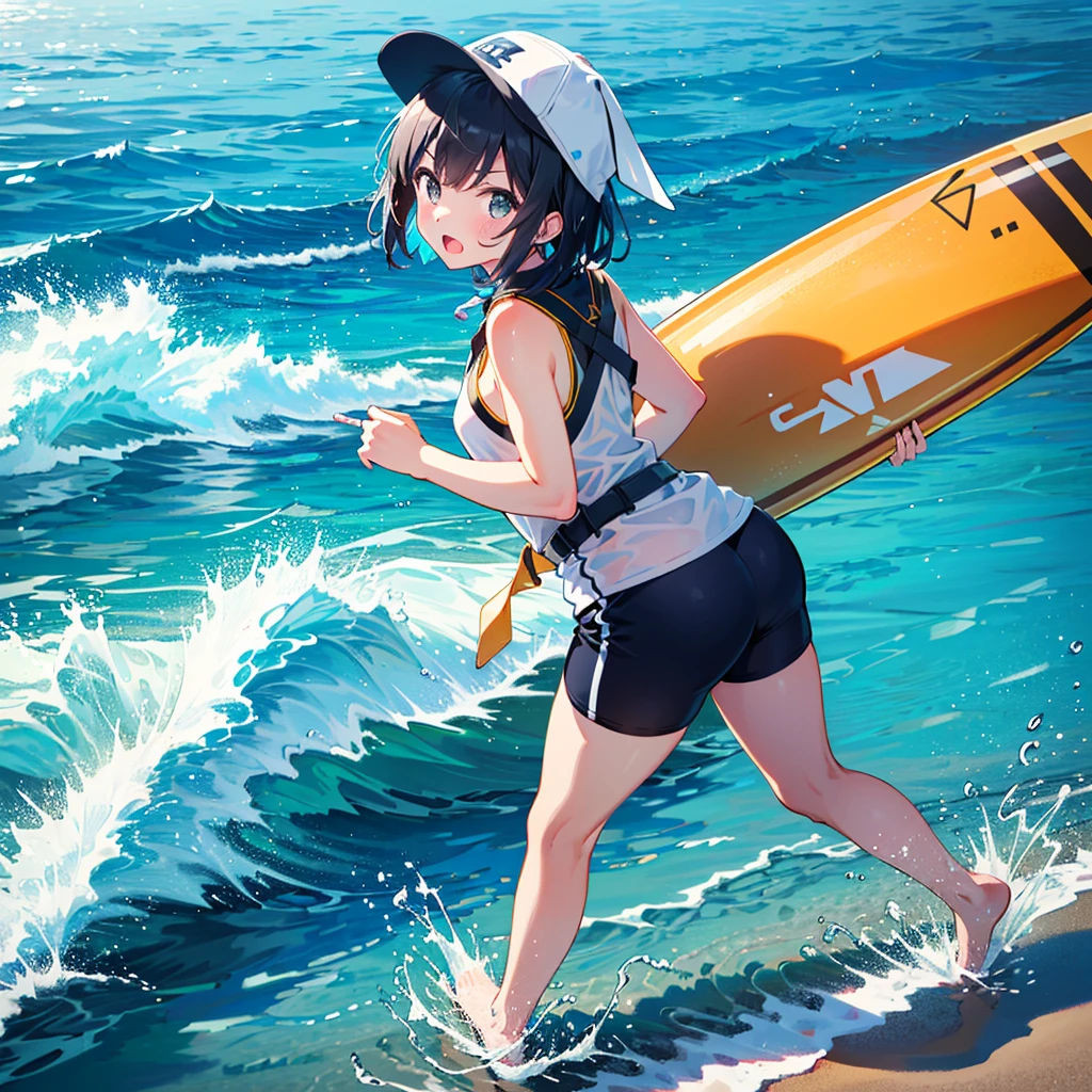 (clear line:1.1, stylish illustration:1.2, clear and beautiful:1.2),
(detailed her fingers), (detailed her hands), (detailed her arms), (detailed her legs),
((lifesaver girl)), safety vest, rash guard tops, beach, swimming cap,
sea lifeguard, pool lifeguard. beach inspector,
water splashes, day, sky, clouds,
beach side, 1girl, (solo), polo shirt, life jacket, neon colored life jacket,
surf shorts, uniform, ((short hair)), swaying ash hair, swaying longer bangs,
bare arms, bare legs, summer, running, cute face,
holding rescue tube, hanging a whistle, neck, curvy, tall,
slender face, perky, (v-shaped eyebrows:0.8), open mouth,
looking back, from behind, from above, high angle view,
hanging Walkie-talkie, fins,