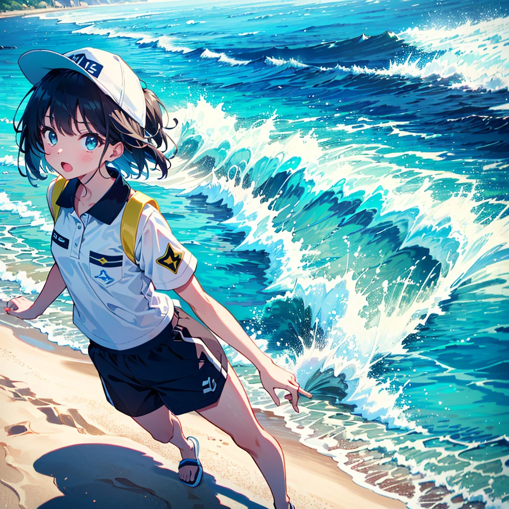 (clear line:1.1, stylish illustration:1.2, clear and beautiful:1.2),
(detailed her fingers), (detailed her hands), (detailed her arms), (detailed her legs),

((lifesaver girl)), safety vest, rash guard tops, beach, swimming cap,
sea lifeguard, pool lifeguard. beach inspector,
water splashes, day, sky, clouds,
beach side, 1girl, (solo), polo shirt, life jacket, neon colored life jacket,
surf shorts, uniform, ((short hair)), swaying ash hair, swaying longer bangs,
bare arms, bare legs, summer, running, cute face,
holding rescue tube, hanging a whistle, neck, curvy, tall,
slender face, perky, (v-shaped eyebrows:0.8), open mouth,
looking back, from behind, from above, high angle view,
hanging Walkie-talkie, fins,
