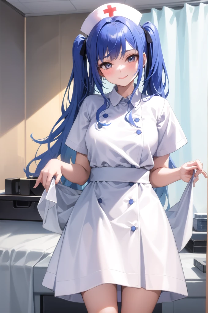 clinic, curtain, One girl, nurse, White Dress,, masterpiece, Highest quality, Very detailed,Blue Hair,Mean,smile