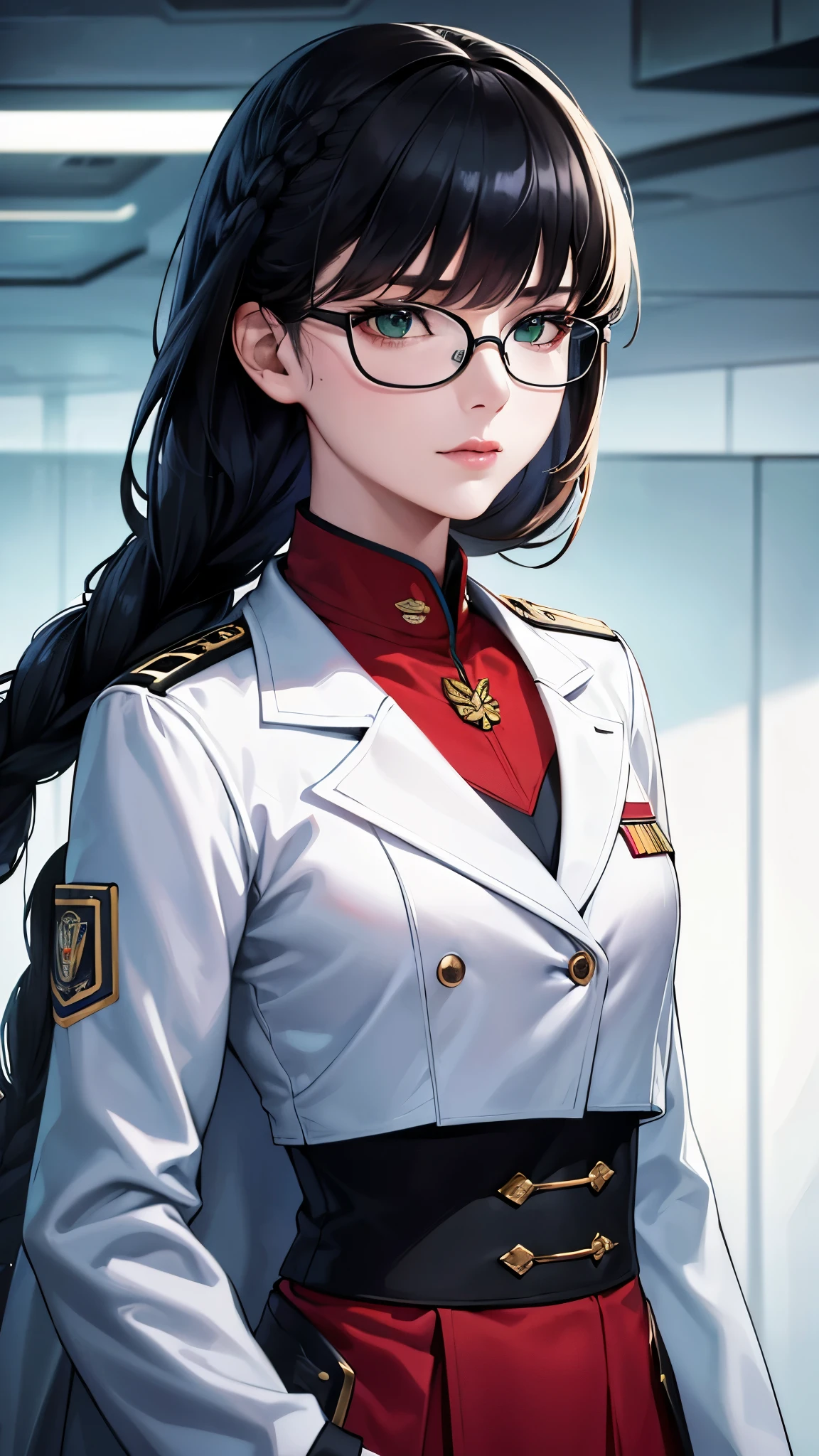(highest resolution),(beautiful picture),sci-fi movie poster,(สไตล์ภาพscience fiction),(best quality),(Masterpiece),(Maximum face detail),((semi-realistic)), Maximum face resolution, adult, woman,east asian people, small, black hair,(Bangs) double braid hairstyle, smooth, green eyes,red glasses,(high class military uniform),long skirt,white coat,future,science fiction 