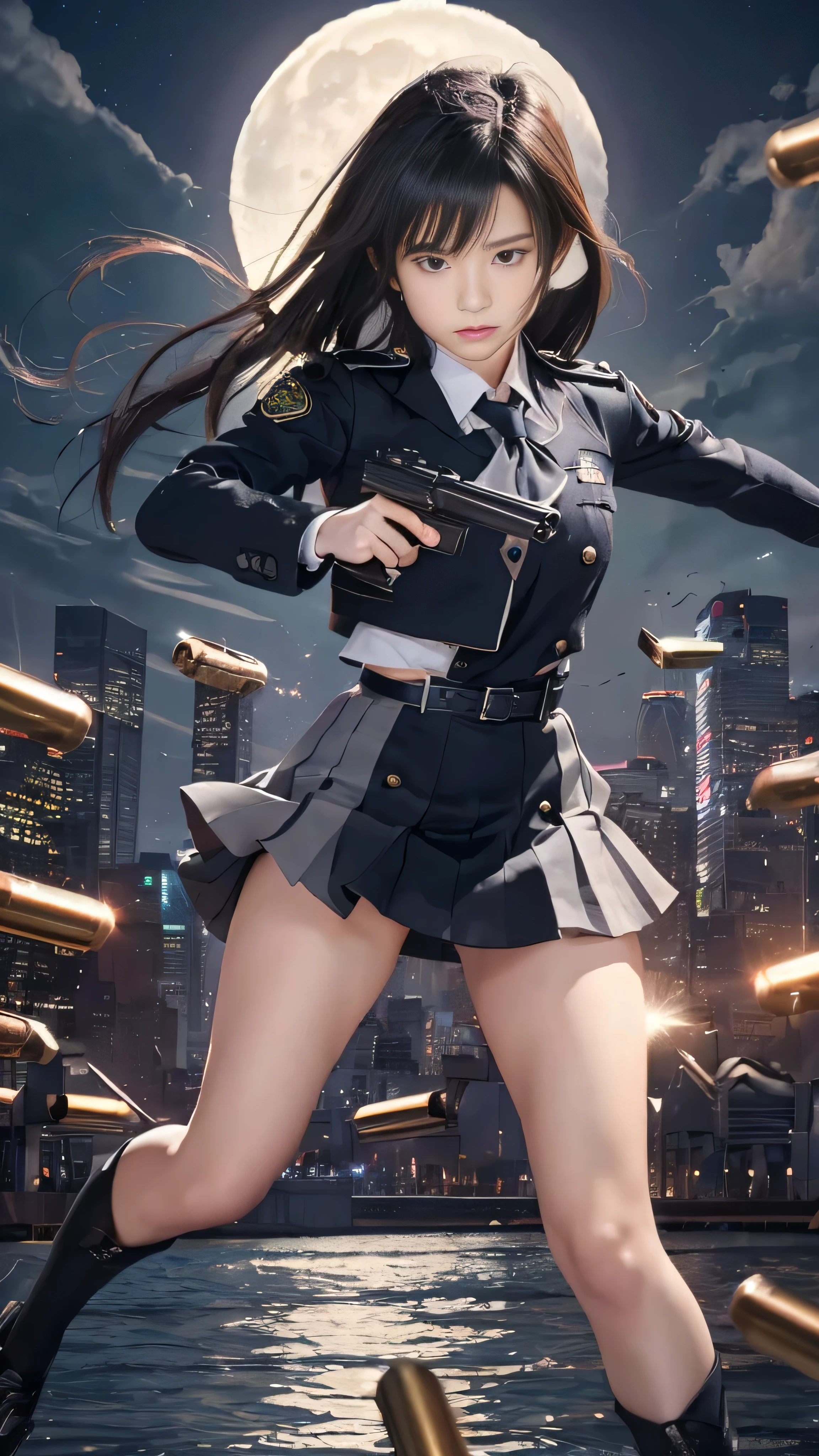 (RAW quality:1.4), Highest quality, Great quality, 16K, Unbelievably absurd, Very detailed, delicate and dynamic, software, Natural light, Particles reflect color, Diffuse reflection of light, Vortex of Light, Hudson River, new york, Night view, Create amazing image effects, lycoris uniform, skirt, (Cute sexy girl, , Pursue the perpetrator, Intense movement, Vibrant, hot, , , , pistol, Long black hair, Police uniform, Takina Inoue Final Fantasy VII), Full body photo, (Shooting a gun in front of a big full moon:1.4), Speedy, Lots of bullets, Trajectory,