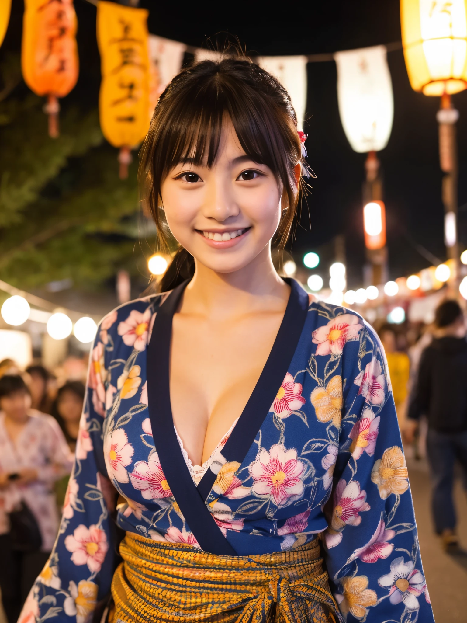 A very cute face like an idol、A young-looking 20-year-old woman、Smiling Kindly、Wearing a Japanese long-sleeved yukata、Cleavage、night、Walking through a Japanese festival、Natural light、Whole body