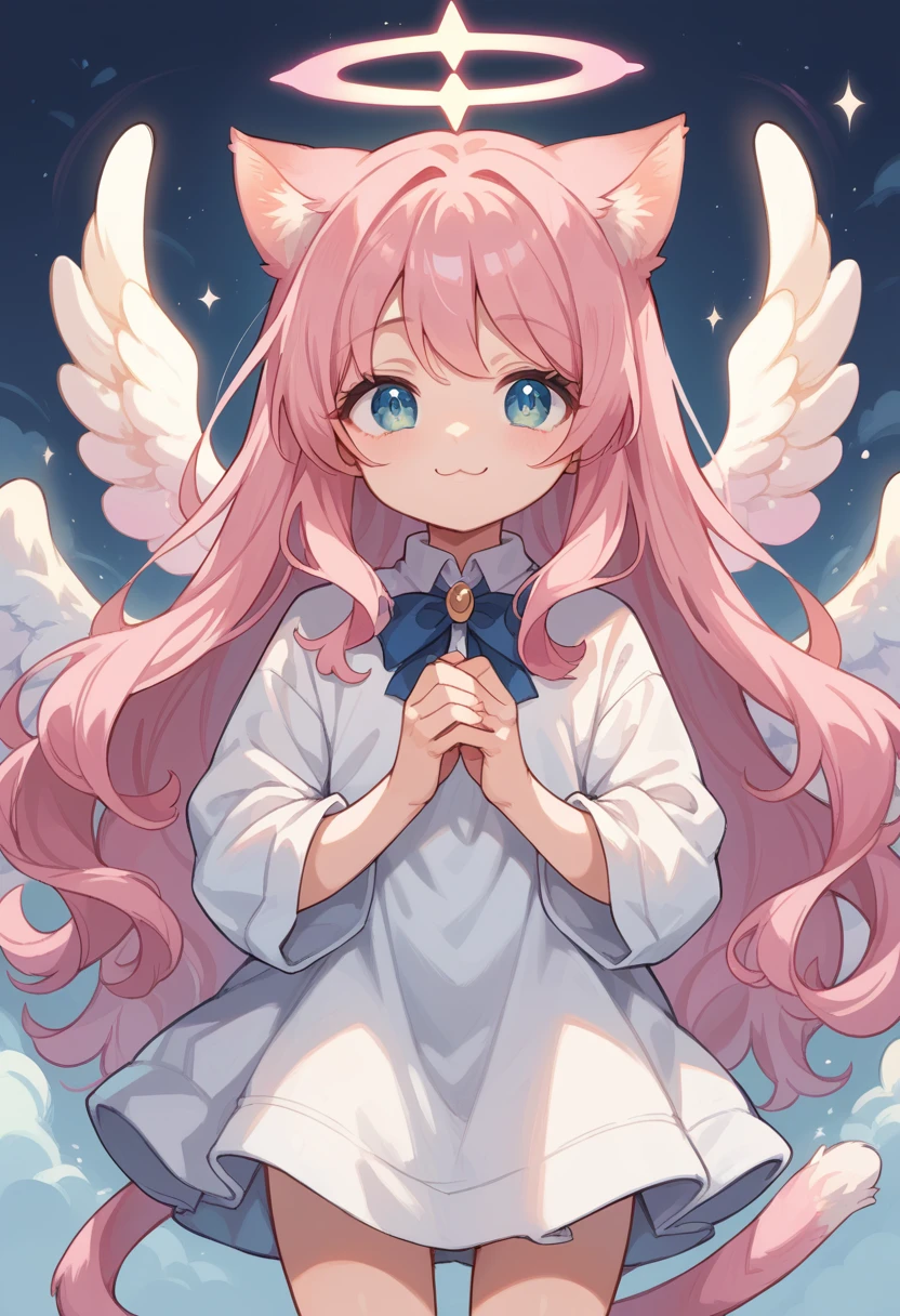 fantasic anime style,
kawaii shota,angel halo and wing,cat ear and tail,pink hair,wavy long hair,good night,smile,Glitter of god,Angelic Aura Burst,