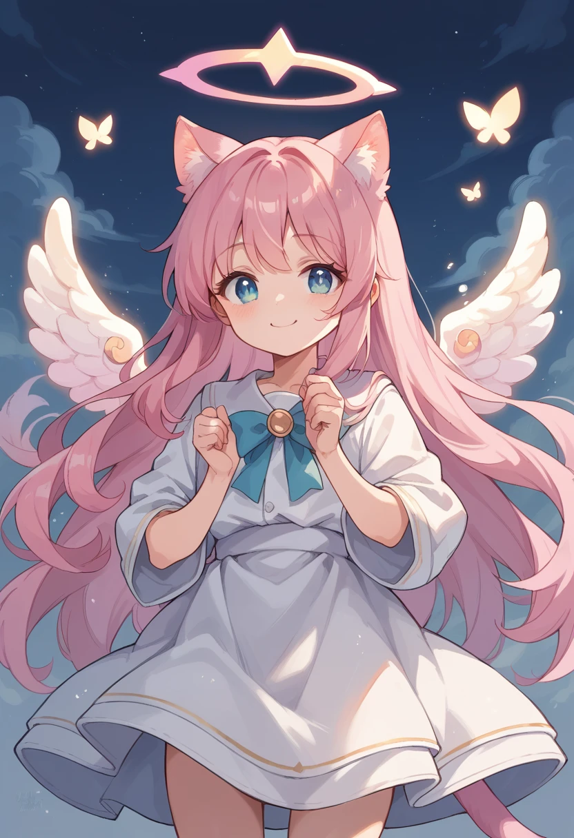 fantasic anime style,
kawaii shota,angel halo and wing,cat ear and tail,pink hair,wavy long hair,good night,smile,Glitter of god,Angelic Aura Burst,