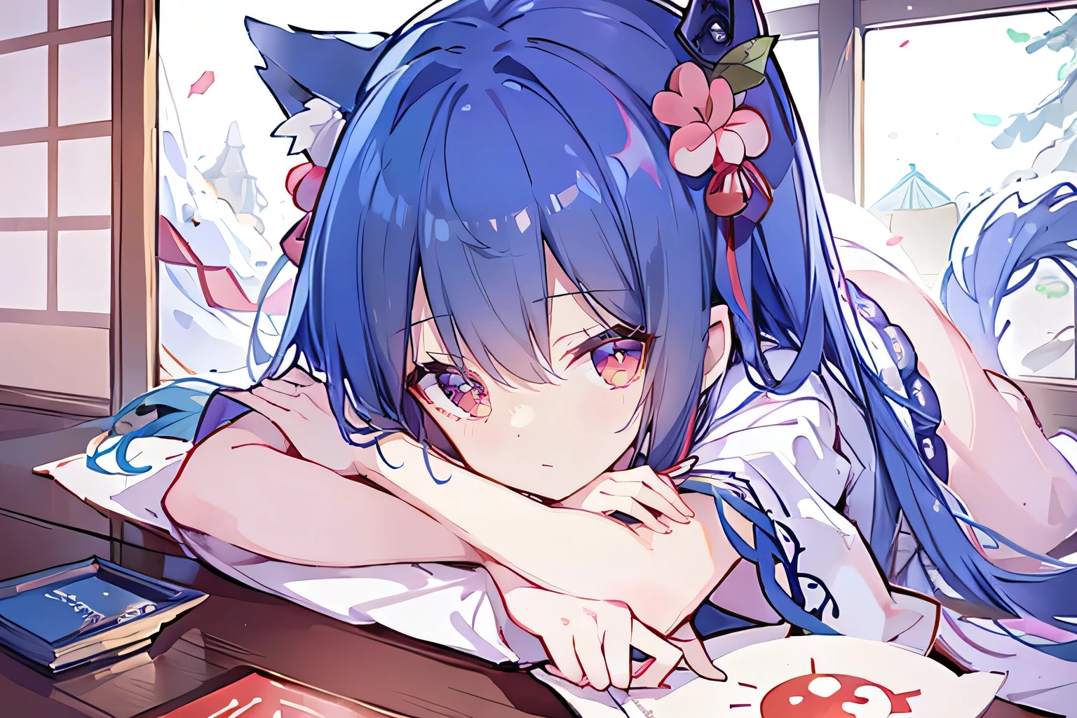 (Masterpiece:1.2),Ultra-detailed,lifelike,The eyes are expressive,Fair skin,Perfect face shape,1 girl,
Japanese Manga,Gorgeous blue hair,Flowing blue hair,Flowing clothes,Cat ears,Petals falling,Beautiful Lola,little angel,
Cross your legs,Gentle and peaceful background,Smile,Wearing a sweatshirt,Tokyo background,background,heavy snow,冬天 on window sill drinking coffee and looking out the window,Shrine maiden裝,Shrine maiden。