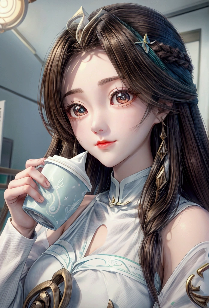 there is a young girl holding a cup of coffee in her hand, girl cute-fine-face, cute natural anime face, with cute - fine - face, sakimi chan, Chiho, Yoshitomo Nara, young cute face, beautiful japanese girls face, brown hair and large eyes, cute kawaii girl, beautiful light big eyes