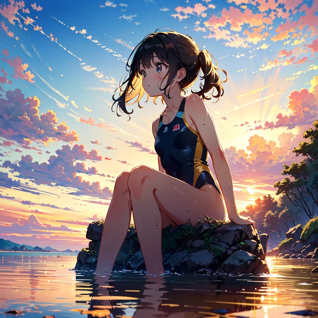 (finely best quality illustration, extremely detailed and beautiful, ultra high res:1.0), 1 girl, solo, , , cute, kawaii, lonely, wet, {standing|sitting}, {black|brown} hair, __hairstyle__, (looking away, lookin up at the sky:1.2), KK-70, blue one-piece swimsuit, (in the beach, golden hour, dim, dusk, sunset:1.2), beautiful cloud, clear sky, from side, from below,