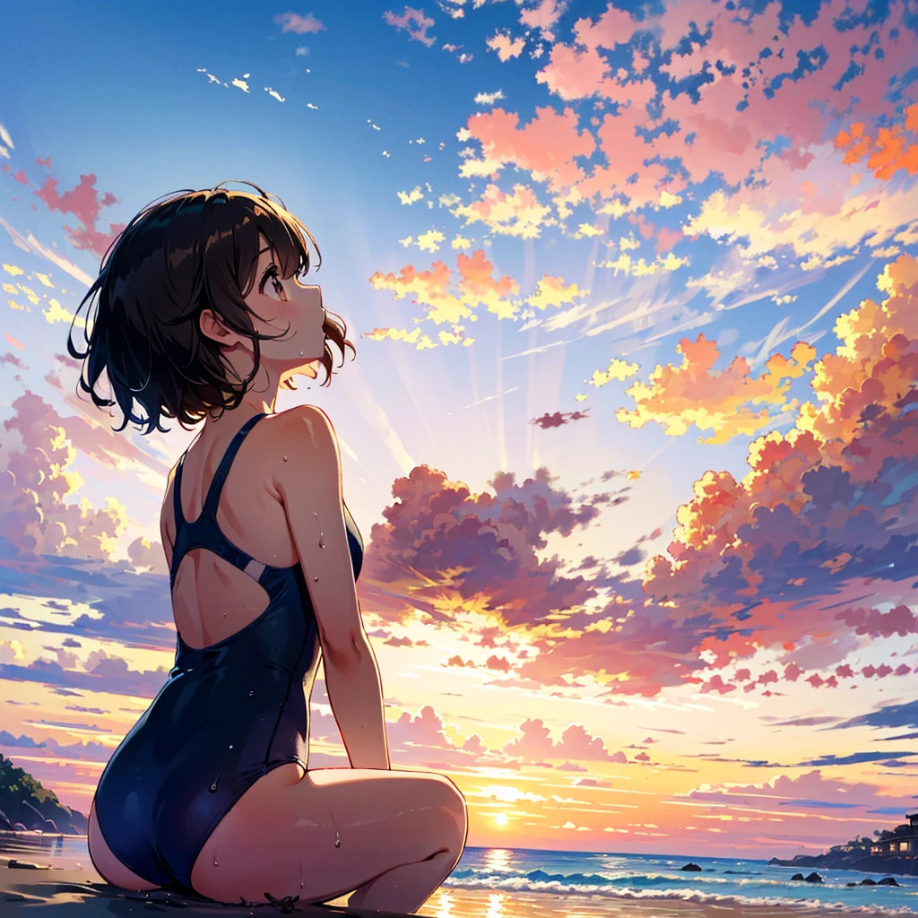 (finely best quality illustration, extremely detailed and beautiful, ultra high res:1.0), 1 girl, solo, 12 years old, , cute, kawaii, lonely, wet, {standing|sitting}, {black|brown} hair, __hairstyle__, (looking away, lookin up at the sky:1.2), KK-70, blue one-piece swimsuit, (in the beach, golden hour, dim, dusk, sunset:1.2), beautiful cloud, clear sky, from side, from below,