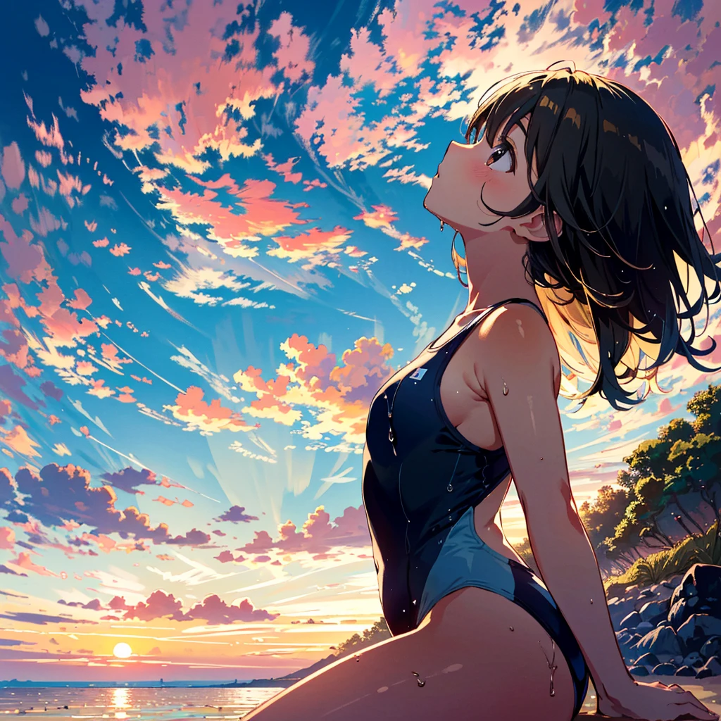 (finely best quality illustration, extremely detailed and beautiful, ultra high res:1.0), 1 girl, solo, 12 years old, , cute, kawaii, lonely, wet, {standing|sitting}, {black|brown} hair, __hairstyle__, (looking away, lookin up at the sky:1.2), KK-70, blue one-piece swimsuit, (in the beach, golden hour, dim, dusk, sunset:1.2), beautiful cloud, clear sky, from side, from below,