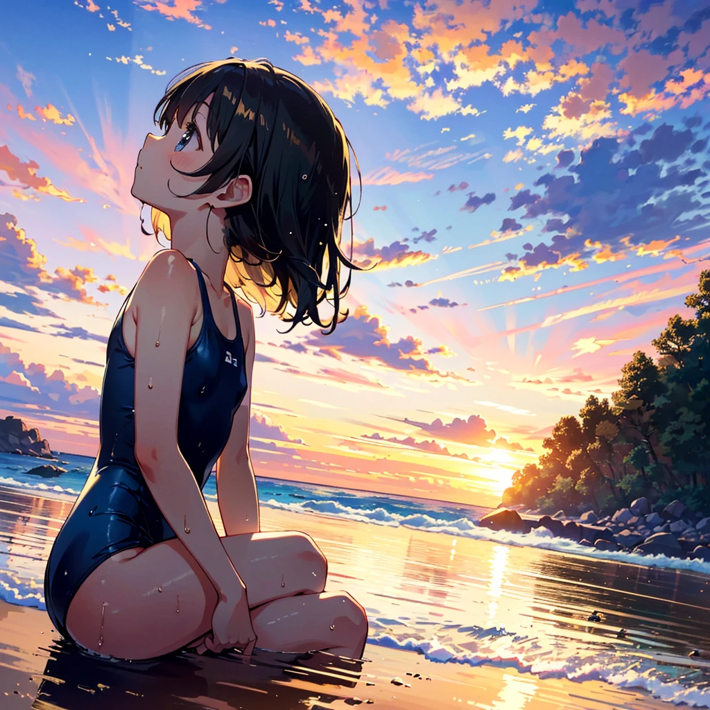 (finely best quality illustration, extremely detailed and beautiful, ultra high res:1.0), 1 girl, solo, 12 years old, , cute, kawaii, lonely, wet, {standing|sitting}, {black|brown} hair, __hairstyle__, (looking away, lookin up at the sky:1.2), KK-70, blue one-piece swimsuit, (in the beach, golden hour, dim, dusk, sunset:1.2), beautiful cloud, clear sky, from side, from below,