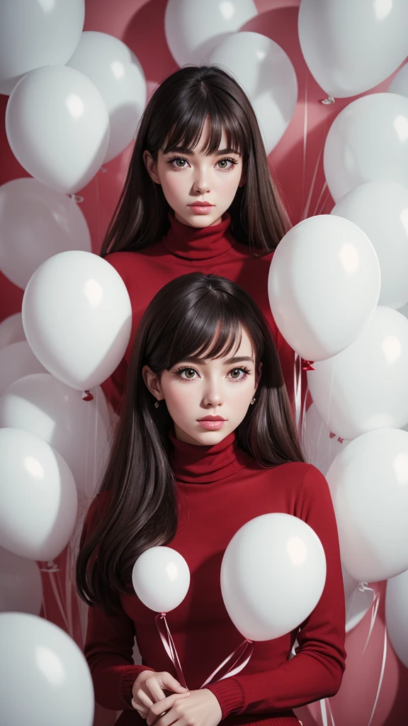 fashion portrait photo of beautiful young woman from the 60s wearing a red turtleneck standing in the middle of a ton of white balloons, taken on a hasselblad medium format camera