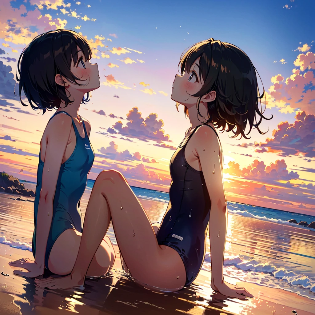 (finely best quality illustration, extremely detailed and beautiful, ultra high res:1.0), 1 girl, solo, 12 years old, , cute, kawaii, lonely, wet, {standing|sitting}, {black|brown} hair, __hairstyle__, (looking away, lookin up at the sky:1.2), KK-70, blue one-piece swimsuit, (in the beach, golden hour, dim, dusk, sunset:1.2), beautiful cloud, clear sky, from side, from below,