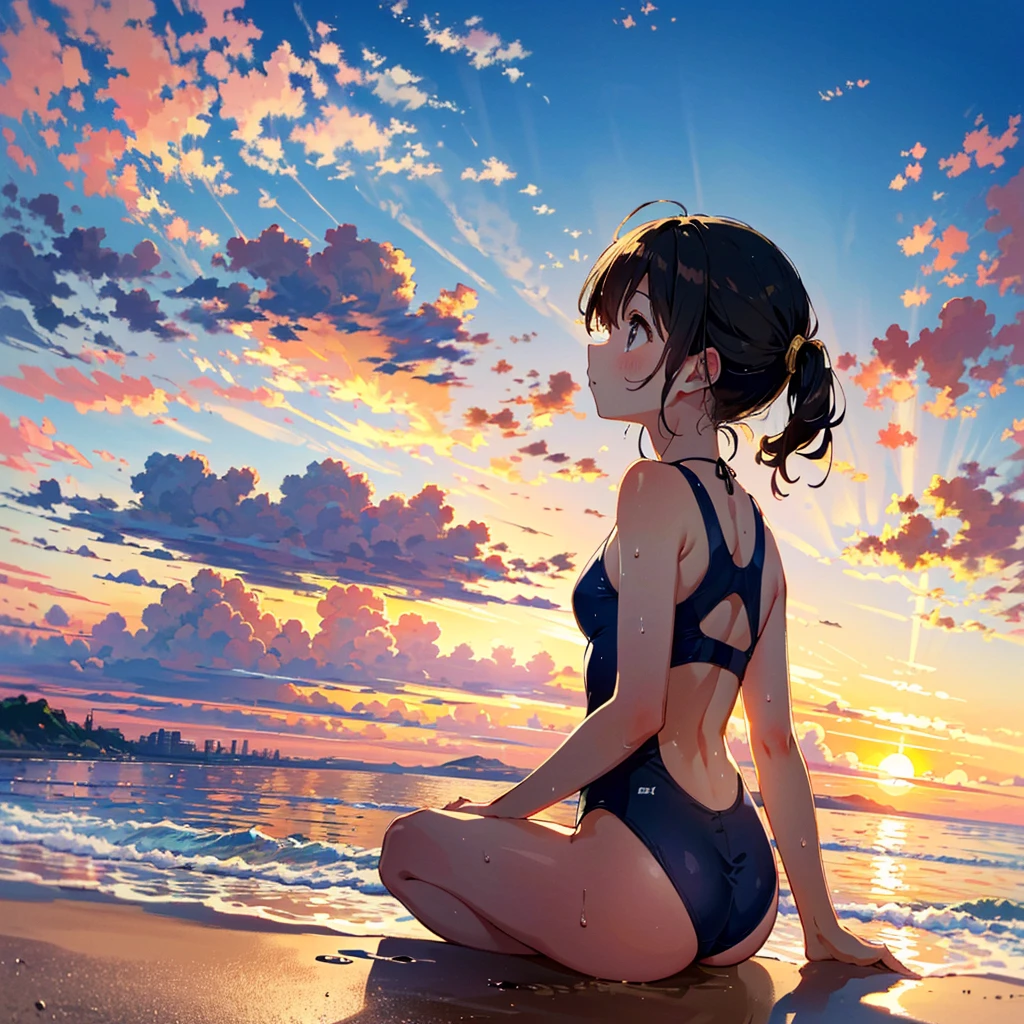 (finely best quality illustration, extremely detailed and beautiful, ultra high res:1.0), 1 girl, solo, 12 years old, , cute, kawaii, lonely, wet, {standing|sitting}, {black|brown} hair, __hairstyle__, (looking away, lookin up at the sky:1.2), KK-70, blue one-piece swimsuit, (in the beach, golden hour, dim, dusk, sunset:1.2), beautiful cloud, clear sky, from side, from below,