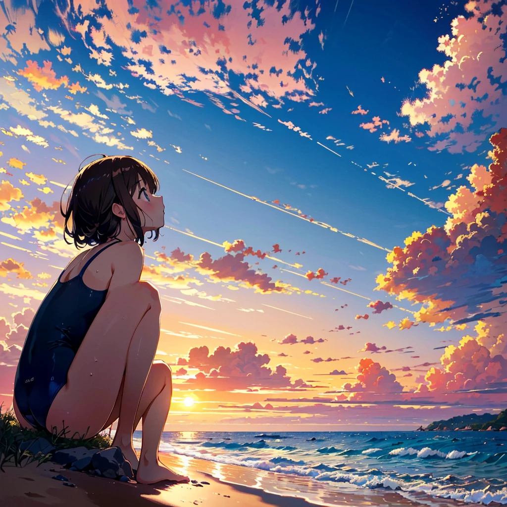 (finely best quality illustration, extremely detailed and beautiful, ultra high res:1.0), 1 girl, solo, 12 years old, , cute, kawaii, lonely, wet, {standing|sitting}, {black|brown} hair, __hairstyle__, (looking away, lookin up at the sky:1.2), KK-70, blue one-piece swimsuit, (in the beach, golden hour, dim, dusk, sunset:1.2), beautiful cloud, clear sky, from side, from below,
