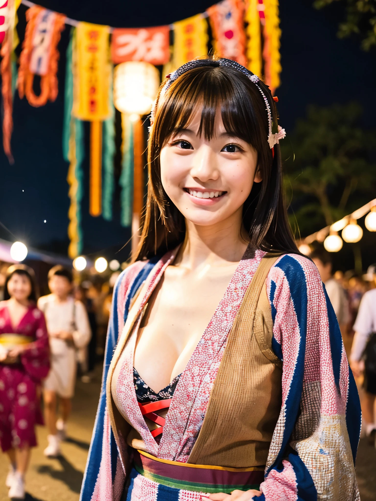 A very cute face like an idol、A young-looking 20-year-old woman、Smiling Kindly、Wearing a Japanese long-sleeved yukata、Cleavage、night、Walking through a Japanese festival、Natural light、Whole body、High level of artistry