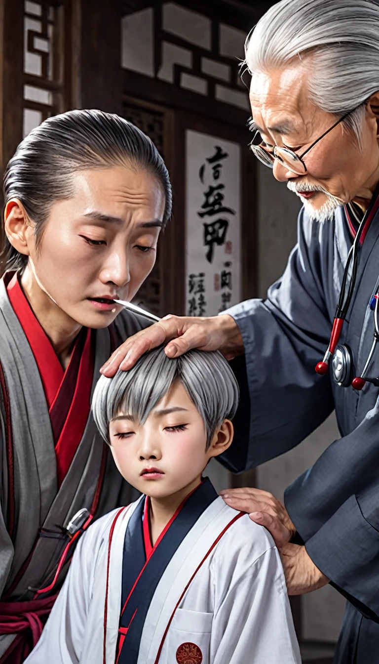 "Create an image showing the surprise of Han Li, a 14-year-old boy with short hair and brown eyes, wearing Chinese attire, when he opens his eyes to see the blade lodged between the shoulder blades of Doctor Mo, a 70-year-old man with gray hair and Chinese attire, with no blood on him, and Doctor Mo praising him."
