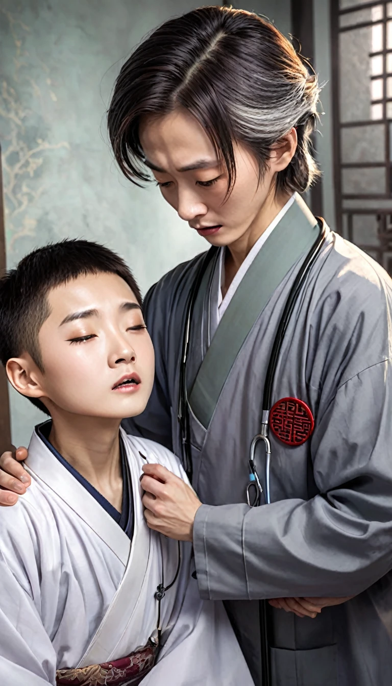 "Create an image showing the surprise of Han Li, a boy with short hair and brown eyes, wearing Chinese attire, when he opens his eyes to see the blade lodged between the shoulder blades of Doctor Mo, a 70-year-old man with gray hair and Chinese attire, with no blood on him, and Doctor Mo praising him."