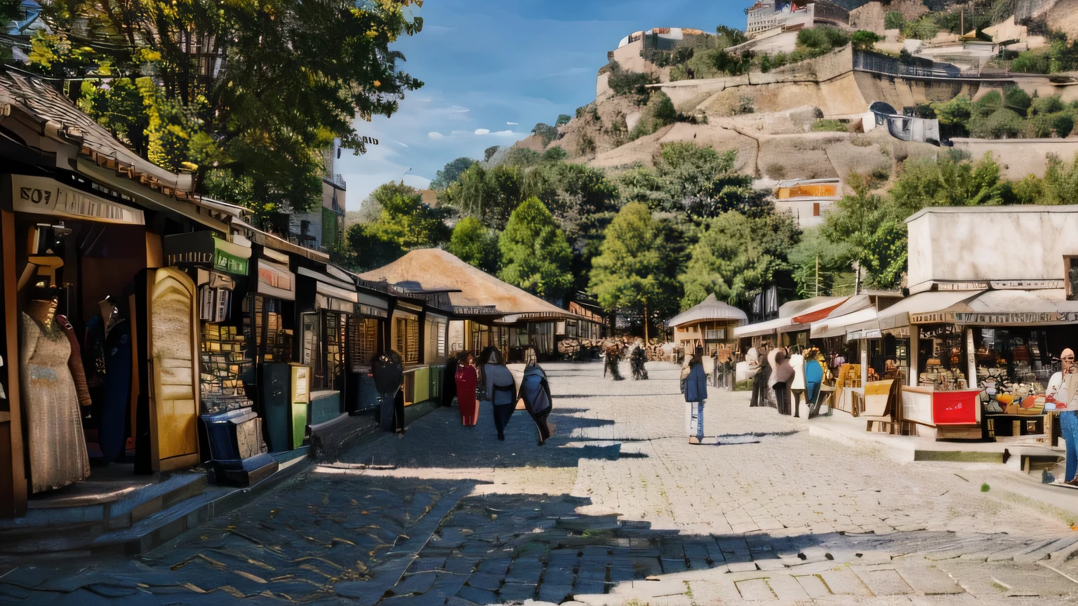 a village full of people, detailed town, detailed buildings, detailed people, diverse crowd, people in various poses, people in traditional clothing, people going about their daily lives, colorful market stalls, detailed architecture, cobblestone streets, lush greenery, warm lighting, vibrant colors, (best quality,4k,8k,highres,masterpiece:1.2),ultra-detailed,(realistic,photorealistic,photo-realistic:1.37),intricate details,cinematic composition,natural lighting,dynamic scene