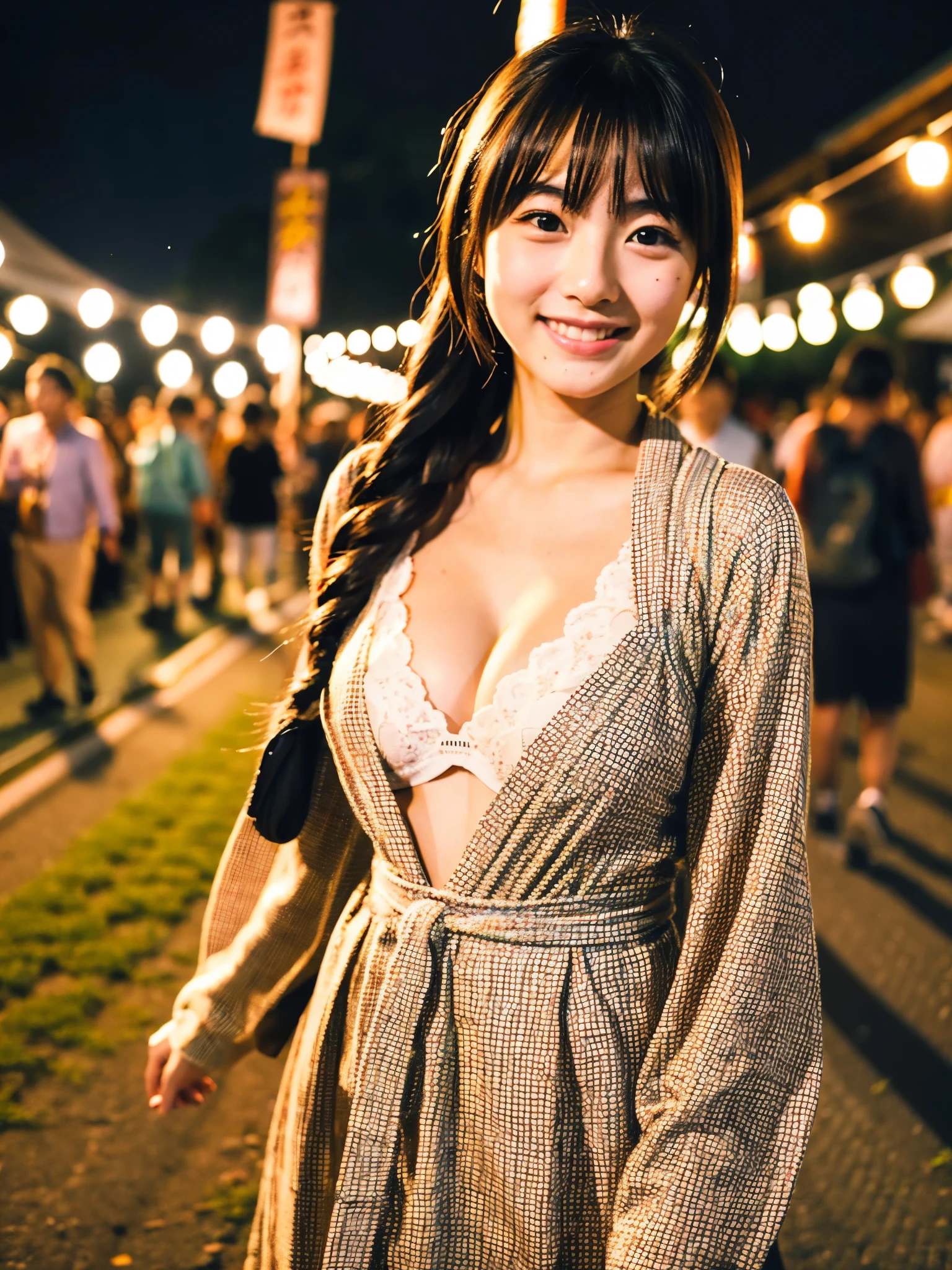 A very cute face like an idol、A young-looking 20-year-old woman、Smiling Kindly、Wearing a Japanese long-sleeved yukata、Cleavage、night、Walking through a Japanese festival、Natural light、Whole body、High level of artistry