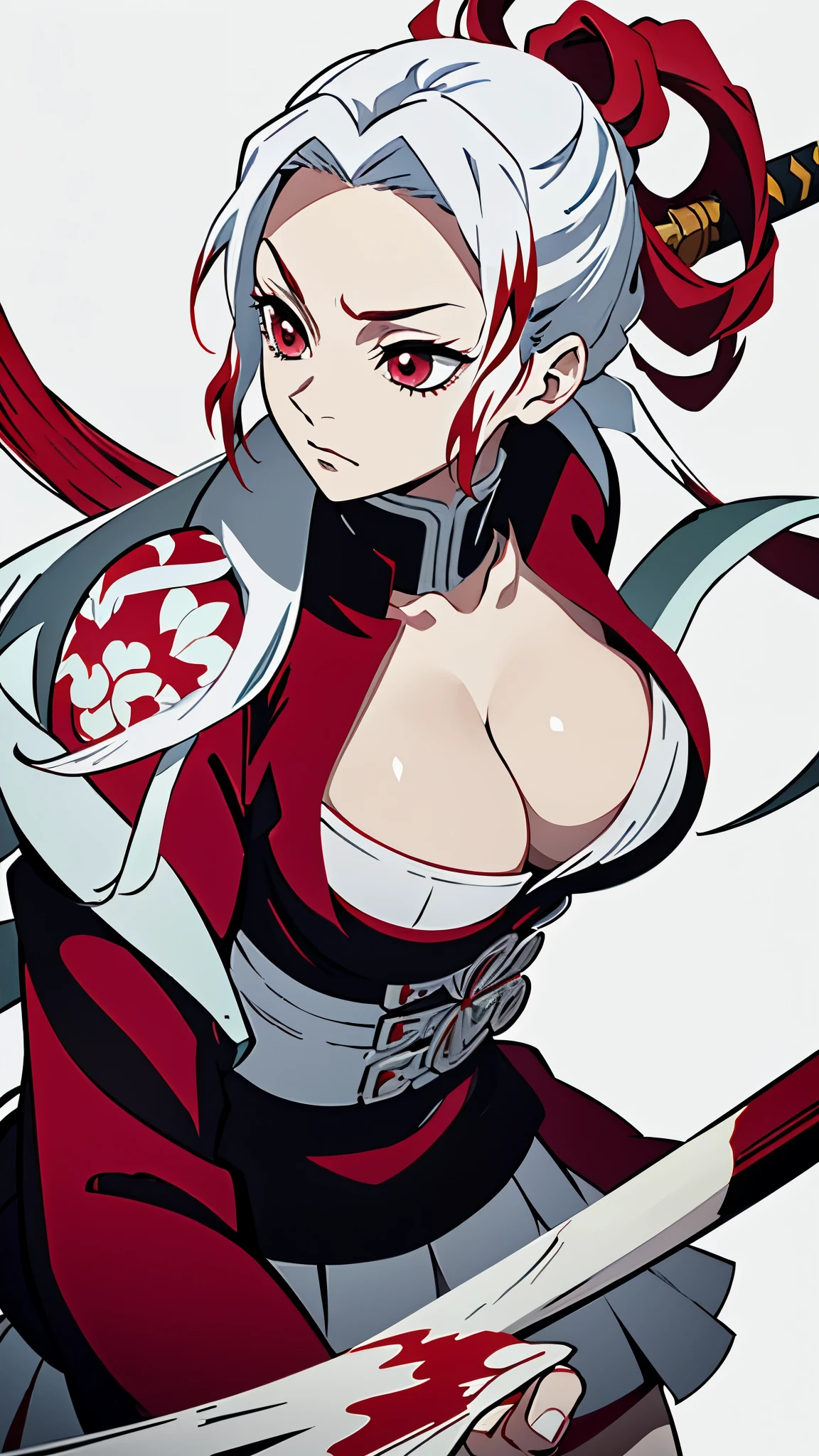 Kimetsu no Yaiba style, 1 mature, girl, red eyes, a hashira, pretty, red and white hair, white hair with red tips, red and white ombre hair, stylized hair, long hair, annoyed expression, noble, Pillar Demon Slayer, holding a sword, wearing black demon slayer uniform, black clothing, holding a red katana, large breasts, big breasts, cleavage showing, cleavage