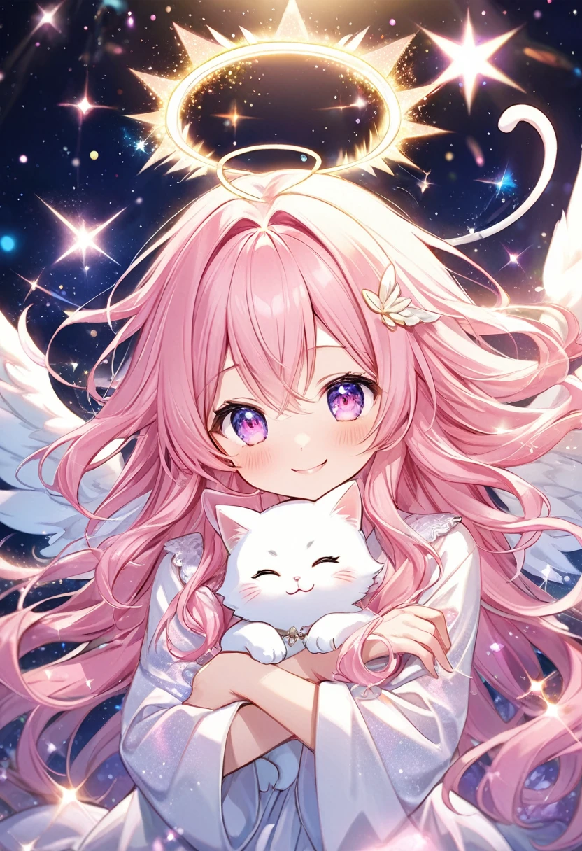 fantasic anime style,
kawaii shota,angel halo and wing,cat ear and tail,pink hair,wavy long hair,good night,smile,Glitter of god,Angelic Aura Burst,