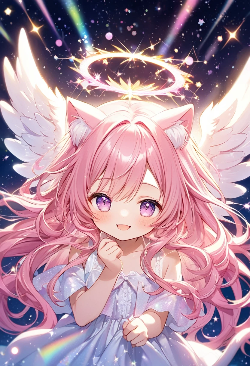 fantasic anime style,
kawaii shota,angel halo and wing,cat ear and tail,pink hair,wavy long hair,good night,smile,Glitter of god,Angelic Aura Burst,
