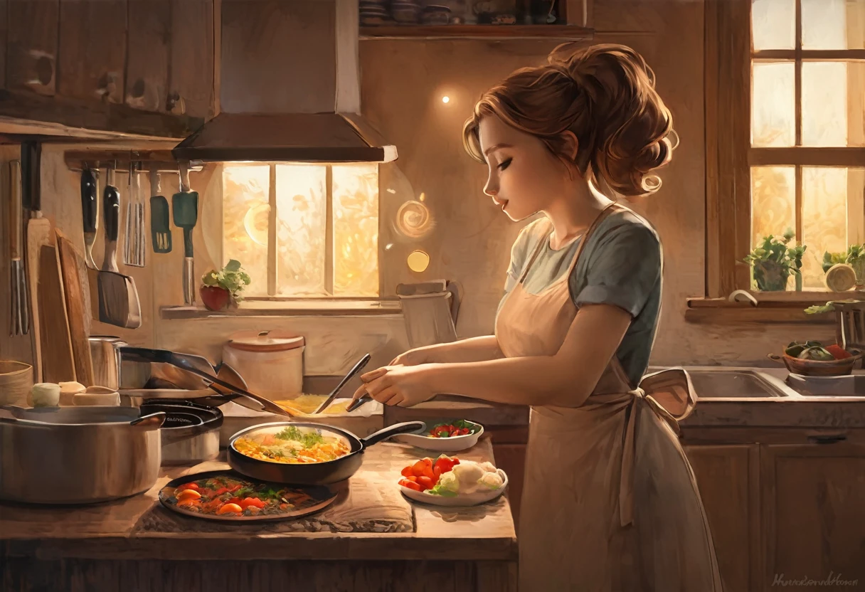 A heartwarming digital painting of a beautiful woman cooking in a charming, cozy kitchen. Viewed from the side, her profile showcases her concentration as she stirs a pan containing vegetables and fish. Her hands are deftly maneuvering cooking utensils, while the warm, golden sunlight from a nearby window casts a soft, glowing halo around her. The kitchen is filled with earthy tones, creating a comforting atmosphere. An assortment of cooking tools and ingredients are visible, enhancing the scene's authenticity. The mood is one of love, nostalgia, and the appreciation of everyday moments.