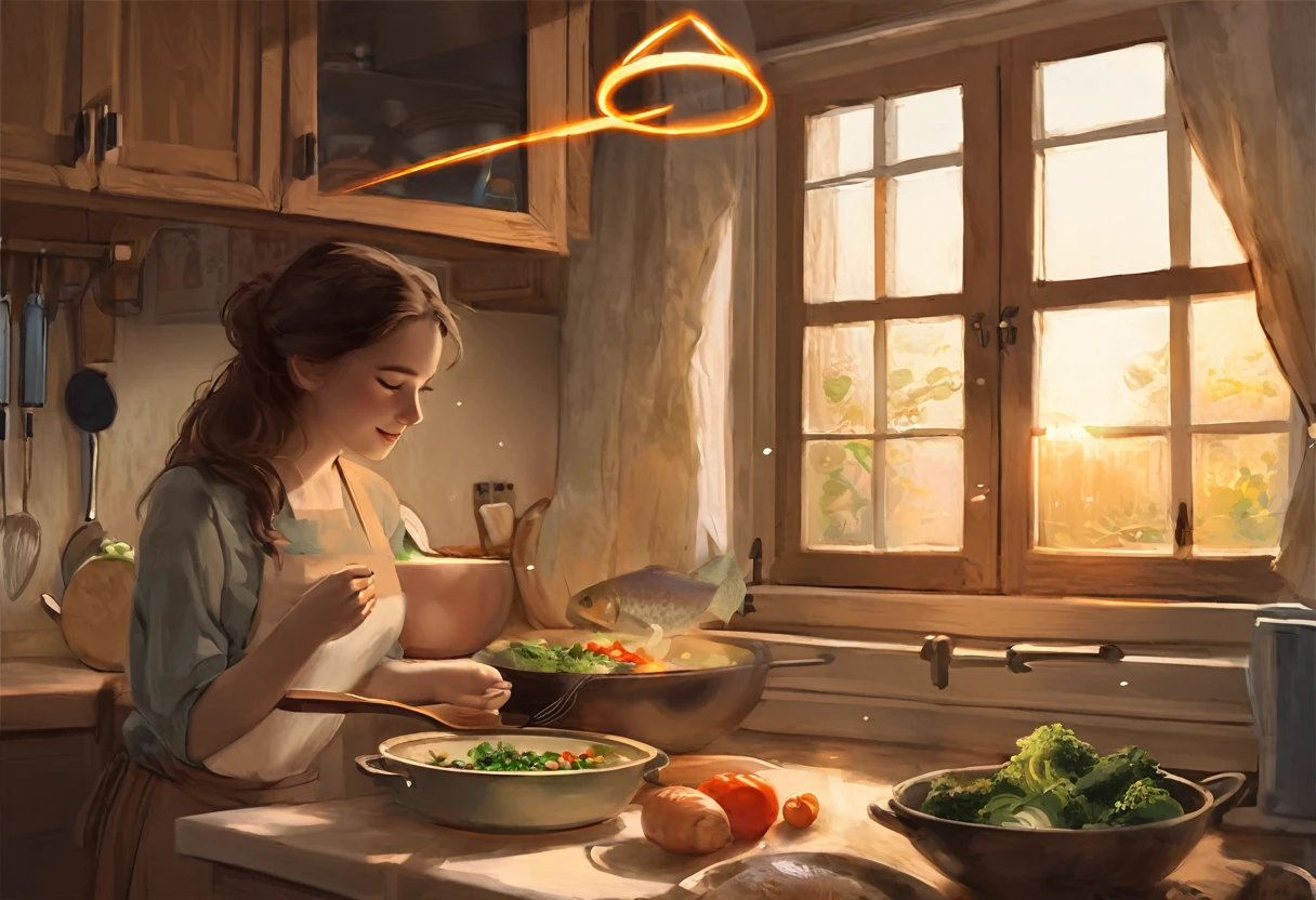 A heartwarming digital painting of a beautiful woman cooking in a charming, cozy kitchen. Viewed from the side, her profile showcases her concentration as she stirs a pan containing vegetables and fish. Her hands are deftly maneuvering cooking utensils, while the warm, golden sunlight from a nearby window casts a soft, glowing halo around her. The kitchen is filled with earthy tones, creating a comforting atmosphere. An assortment of cooking tools and ingredients are visible, enhancing the scene's authenticity. The mood is one of love, nostalgia, and the appreciation of everyday moments.