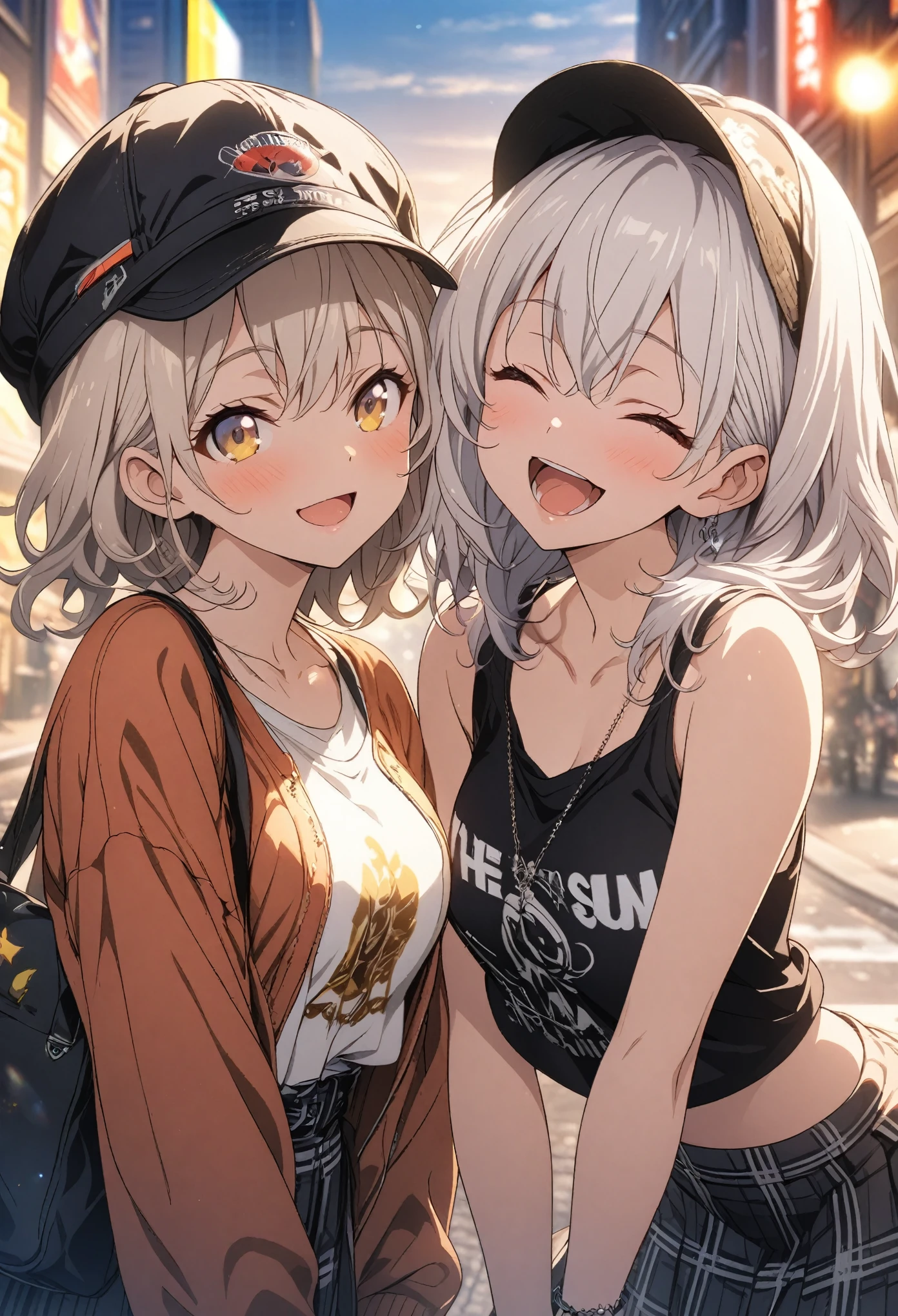 Two Girls, masterpiece, Highest quality, Highly detailed CG Unity 8K wallpapers, High School Girl Anime Illustration. Wear an oversized tank top, She is wearing a red and black checked skirt., double pieceのポーズ, She closes her eyes and opens her mouth wide, smile. white hair color, Yellow Eyes, Bokeh, Street style fashion, Wearing a cap, With a shoulder bag, Lens flare, The sun rises, The background is the cityscape