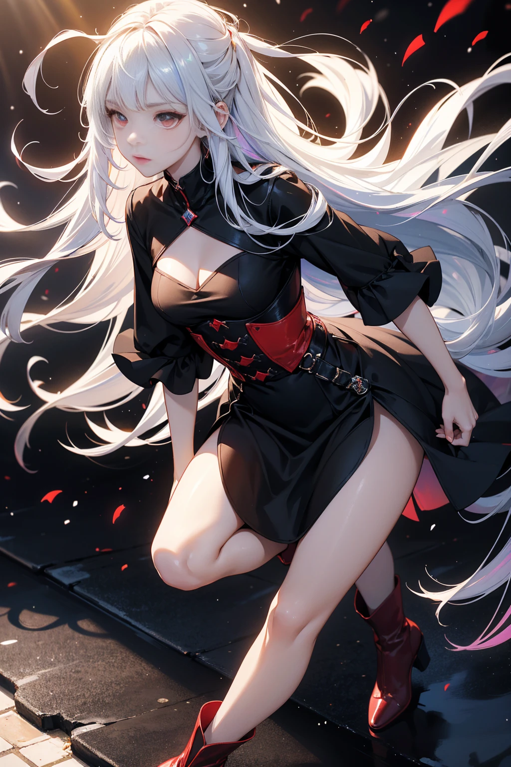 Girl with long white hair down to her waist, with small red details, red eyes, long black dress with a leg slit, with red details, long black boots up to below the knees, white skin, the ground around her is cracking and small stones are floating around her surrounded by a black aura, she is surrounded by shadows, and the background is dark like the night with the universe and stars, her presence causes fear, her shadow appears to be a monster, 8k, high quality, full body, (ultra-realistic), {extremely detailed 8k CG unit wallpaper}, expansive landscape photograph, (light: 2.0), (warm light source: 1.5), complex details, (iridescent colors: 1.5), (bright lighting), (atmospheric lighting), surreal, impressive, fantasy, (Solo: 1.2)