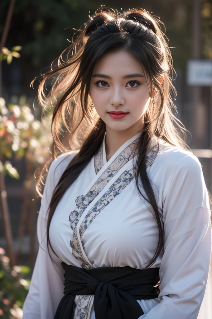1 beautiful girl in Hanfu costume, ((black and white thin silk shirt with many patterns)), white lace shirt, long platinum purple ponytail Hair, Jewelry, ear jewelry, scarf thin black silk scarf, carefully drawn big purple eyes, careful makeup, thin eyebrows, high nose, beautiful red lips, happy smile, pursed lips, pink cheeks, wide chest, big chest, symmetrical chest figure, slim waist, purple fishnet stockings, Chinese hanfu style, fictional art texture, many bright and realistic colors, RAW photos, Realistic photos, ultra-high quality 8k hyper-realistic photos, (effective effective fantasy lighting effect: 1.8), 10 x pixels, magic effect (Background): 1.8), super detailed eyes, full body portrait of girl, vineyard, dynamic pose,