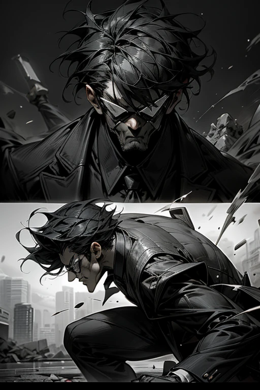 Black Suit,Monochrome,sunglasses,hard boiled,destruction,Martial Arts,ruins,battle,cool face,perfect face,Short Hair,male,old