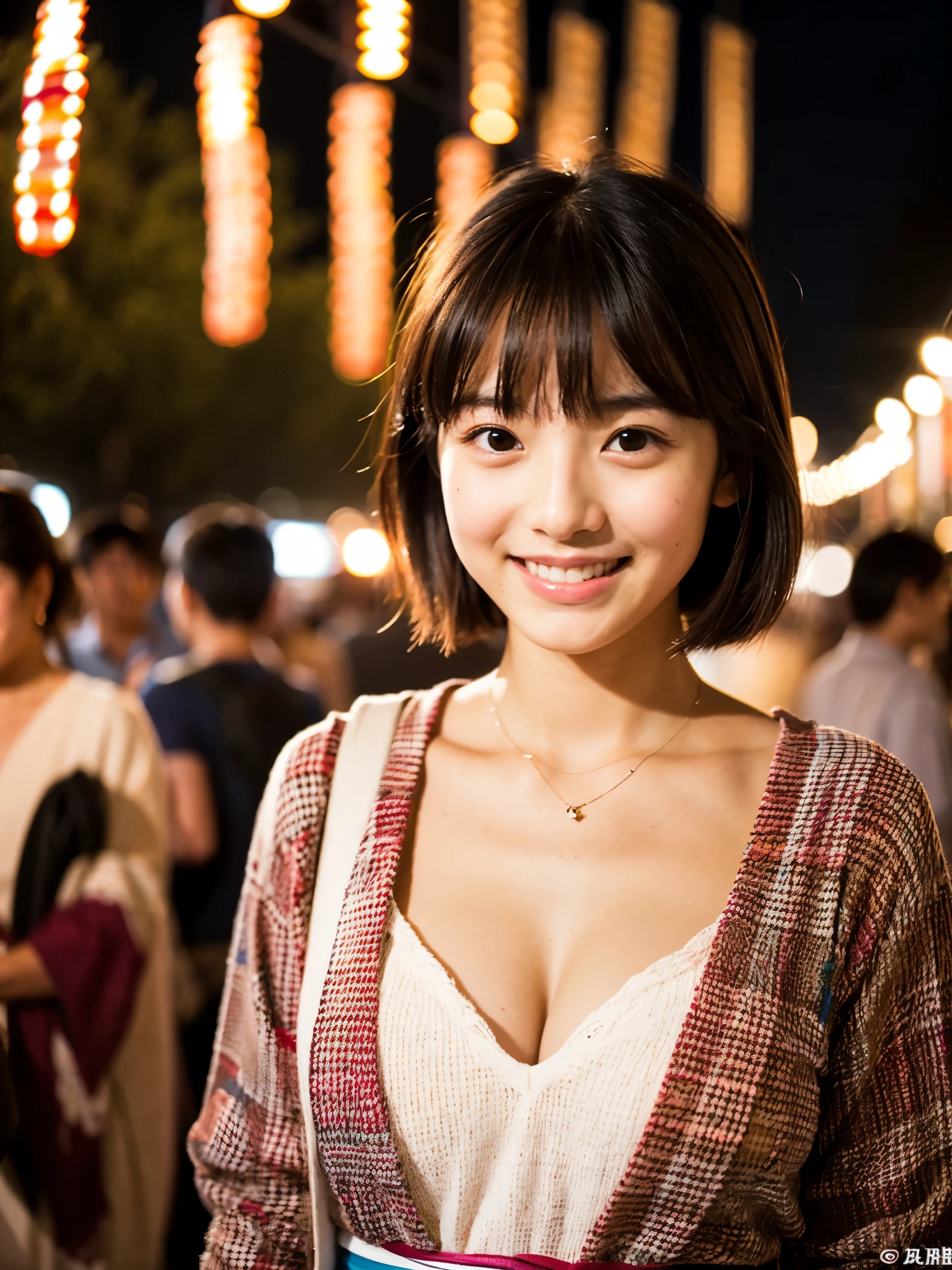 A very cute face like an idol、A young-looking 20-year-old woman、Smiling Kindly、Wearing a Japanese long-sleeved yukata、Cleavage、night、Walking through a Japanese festival、Natural light、Whole body、High level of artistry