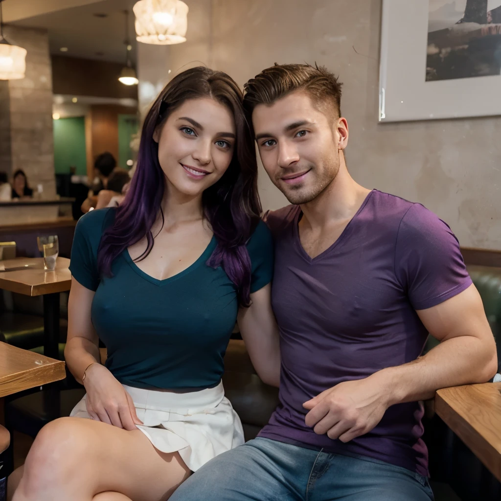 zoom out, full body image, ((beautiful couple sitting together at a restaurant)), (Handsome 35 year old caucasian man with desirable features, medium length light brown hair, faded sides, clean shave face, intriguing green eyes, BREAK, athletic physique, seductive smile with confident expression, gray tee shirt, BREAK, blue jeans), BREAK, (sexy 25 year old Irish female with alluring features, very long fully dyed purple hair, BREAK, freckle face, bright crystal blue eyes, tall and thin, fair skin tone, athletic body, fitness model, big breasts, perfect body, toned and fit, captivating smile with gentle expression, BREAK, tight purple v-neck shirt, BREAK, white ruffled skirt), bright indoor lighting highlights their excellent features