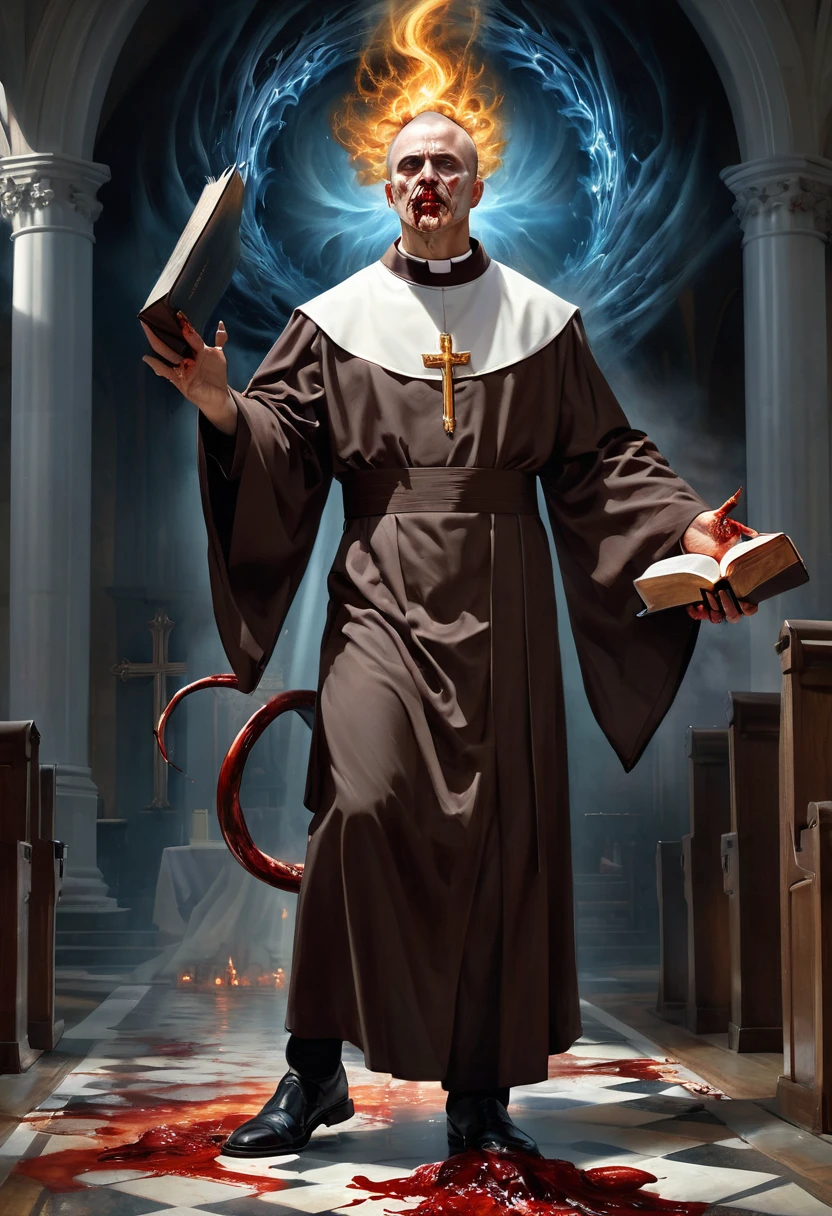 "Realistic Digital Painting with Concept Art Elements"," digital painting," "concept art," "realistic," "high detail", "1boy", "muscular", "wearing priest garment", "blood all over his hands and priest garments", "high-res", "blonde hair", "church", "moonlight", "bible in hand", "full body shot", "omnious aura,", "demon tail underneath priest garments", "bloody garments", "blood all over his face" "detailed-Eyes", "detailed-face", "blood on lips", "blood trickling down chin", "8k resolution"