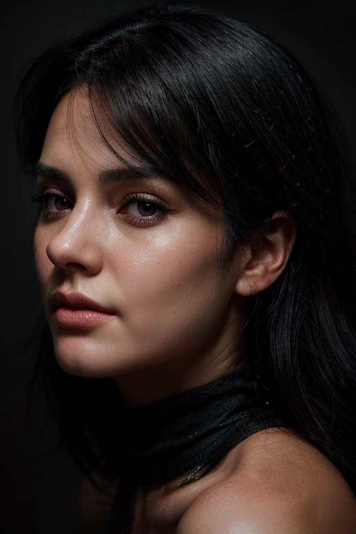 a closeup of a woman with a black top and black hair, a hyperrealistic painting by Charlie Bowater, Trending on ArtStation, digital art, realistic digital painting, hyperrealistic digital painting, ultra realistic digital painting, realistic digital drawing, High quality portrait, detailed beautiful portrait, epic portrait illustration, hyperrealistic beautiful face, realistic detailed face portrait, ultrarealistic portrait