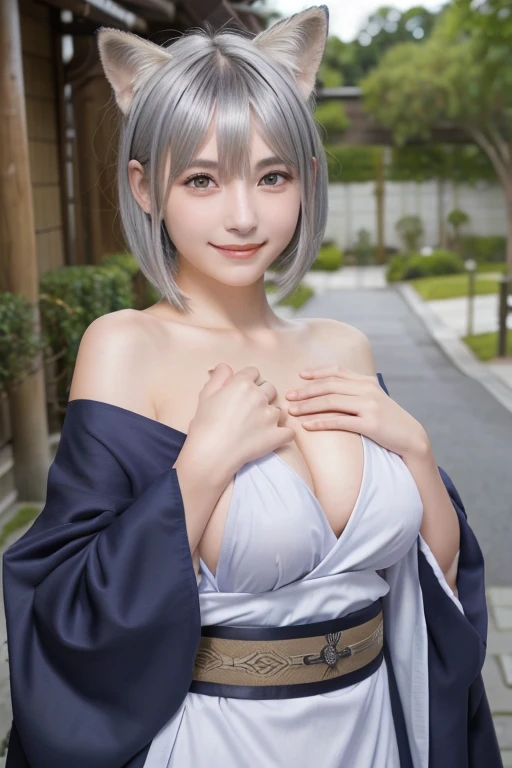 ((Silver Hair))、((Short Hair))、((Highest quality、8k、masterpiece))、Sharp focus:1.2、((Big smile))、Small fox ears、e 17 rl with perfect figure:1.4、Slim Abs:1.2、((Dark brown hair))、street:1.2、Highly detailed face and skin texture、fine grain、The chest is exposed、double eyelid、shoulder、Close-up of a woman in a kimono posing for a photo、Japanの女神、Japan人モデル、white、((Small breasts))、Shrine maiden costume、Japan、Drawing attractive anime girls。Cleavage