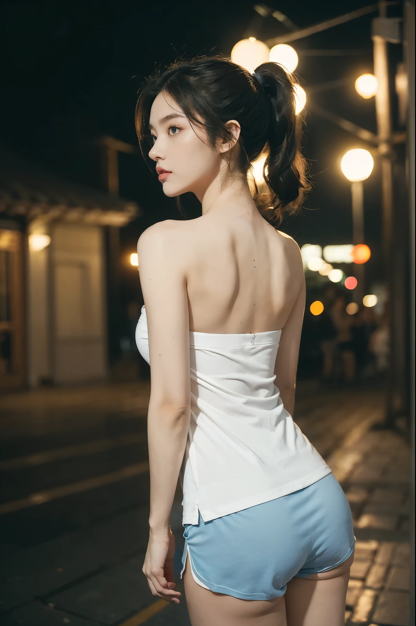 (((best quality))),(((ultra detailed))),(((masterpiece))),illustration,((1 beautiful girl,solo)),(short ponytail:1.2),((slim,thin)),((bare back,towering hips,butt crack)),((dimly lit garden courtyard, high-rise residential community)),(strapless white short-sleeved T-shirt:1.3),(blue sports shorts:1.3),youthful charm, vibrant energy, sleek hair, bright eyes, smooth skin, fair complexion, curiosity, adventure,concrete ground, streetlights, yellowish glow, tall buildings, shadows, eerie atmosphere, confident demeanor, ease, solitude, beauty, life, warm presence,(summer:1.3),(night scene:1.3),((from back,upper body))