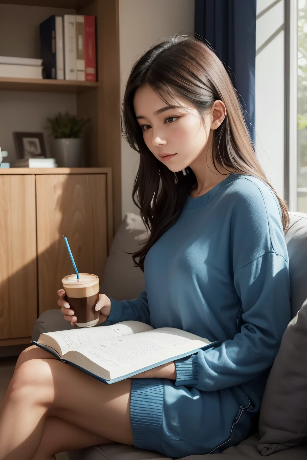 a woman studying, in blue clothes, in her living room, with coffee next to her.