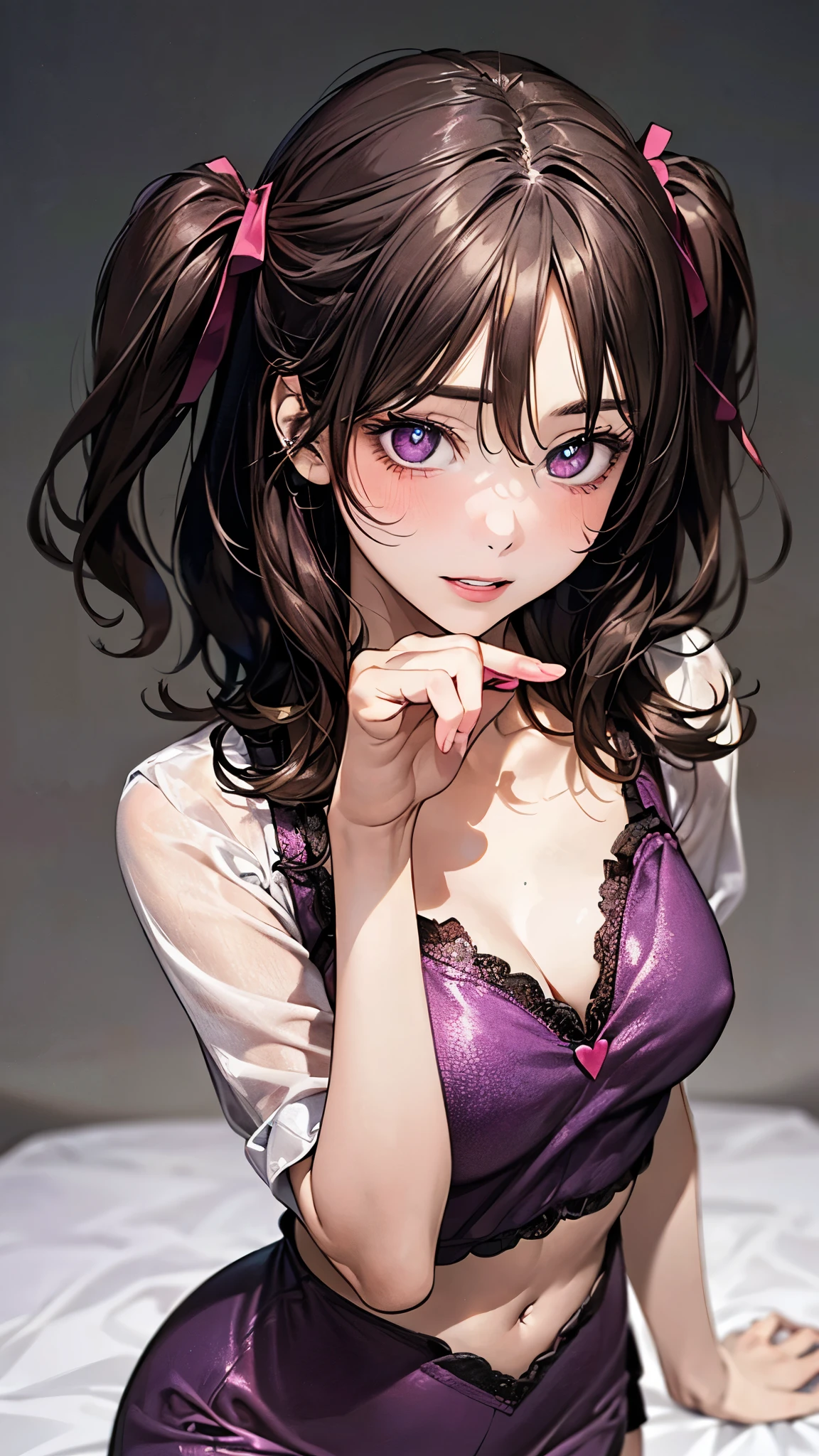 (masterpiece:1.2, top-quality), (realistic, photorealistic:1.4), beautiful illustration, (natural side lighting, movie lighting), depth of fields,
looking at viewer, upper body, face close-up, front view, 1 girl, , (perfect anatomy, anatomically correct, super detailed skin), cute and symmetrical face, perfect face, perfect eyes,
(middle hair, (two side up:1.3), dark brown hair), hair between eyes, maroon eyes, big eyes, long eye lasher, (medium breasts, thigh), , perfect body, shiny skin,
beautiful detailed hair, beautiful detailed face, beautiful detailed eyes, beautiful clavicle, beautiful body, beautiful chest, beautiful thigh, beautiful legs, beautiful fingers,
(violet mini dress), cleavage, midriff peek, white hair ribbon,
(beautiful scenery), (bedroom background:1.2), standing, cute pose, hands on chest, (pose cutely:1.3), (naughty face, heart-shaped eyes, heart shaped pupils, parted lips),