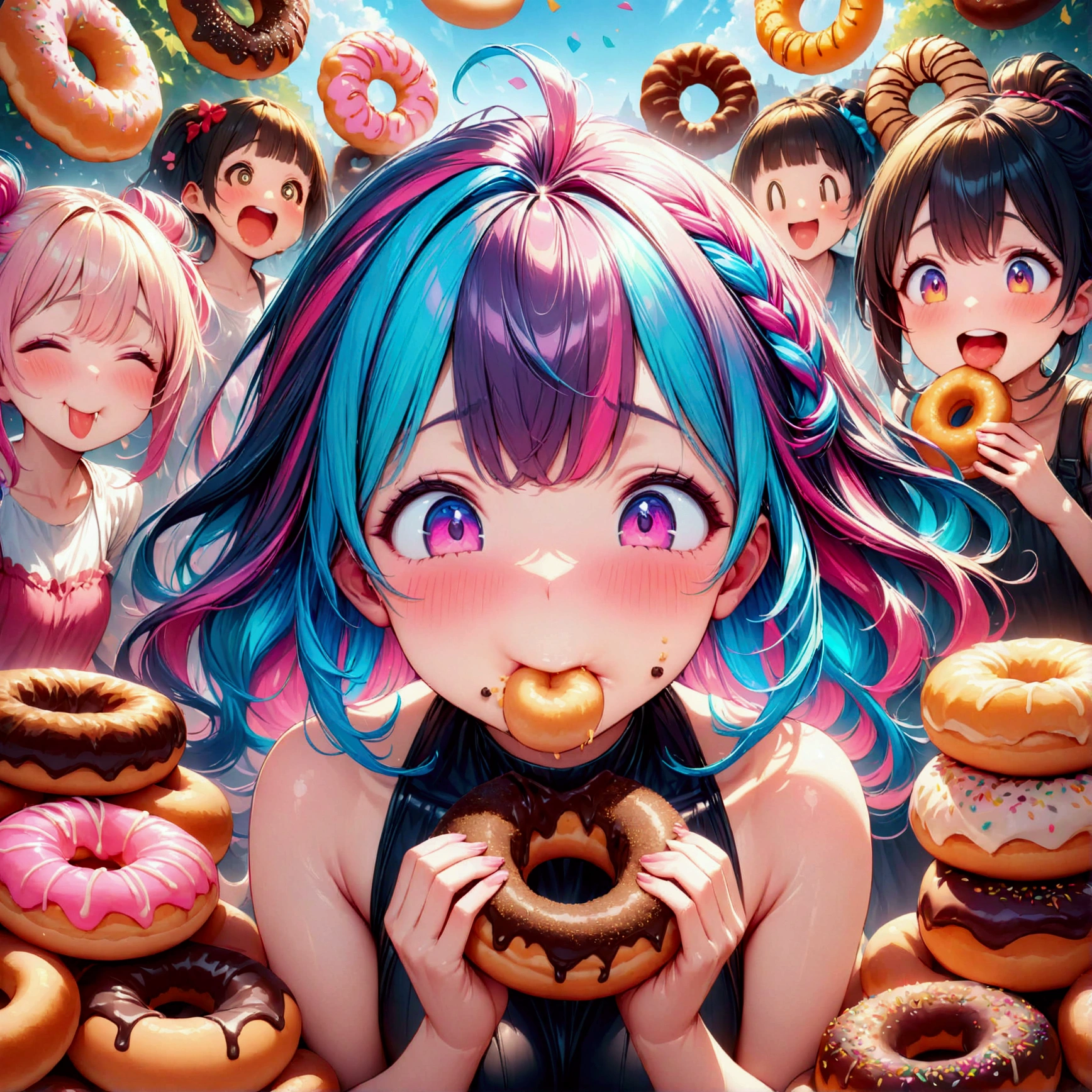 (eating donuts), (masterpiece:1.2), best quality, high quality, (hyper detailed), 4K, high resolution, extremely detailed CG, (satisfied, content, grabbing and eating, donuts), ((Lots of friends)), girls eating donuts, colorful hair, various hairstyles, giggling, funny expressions,