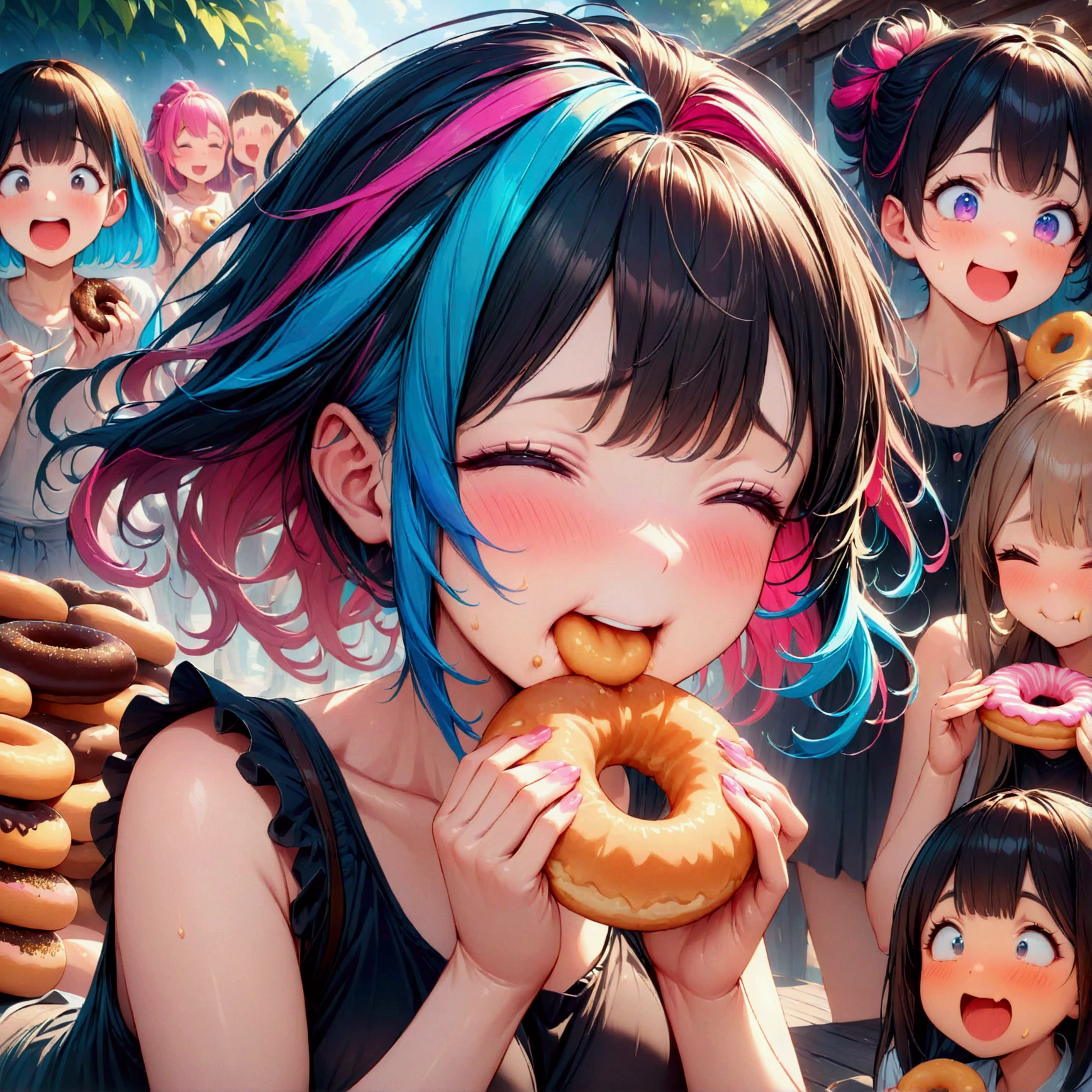 (eating donuts), (masterpiece:1.2), best quality, high quality, (hyper detailed), 4K, high resolution, extremely detailed CG, (satisfied, content, grabbing and eating, donuts), ((Lots of friends)), girls eating donuts, colorful hair, various hairstyles, giggling, funny expressions,