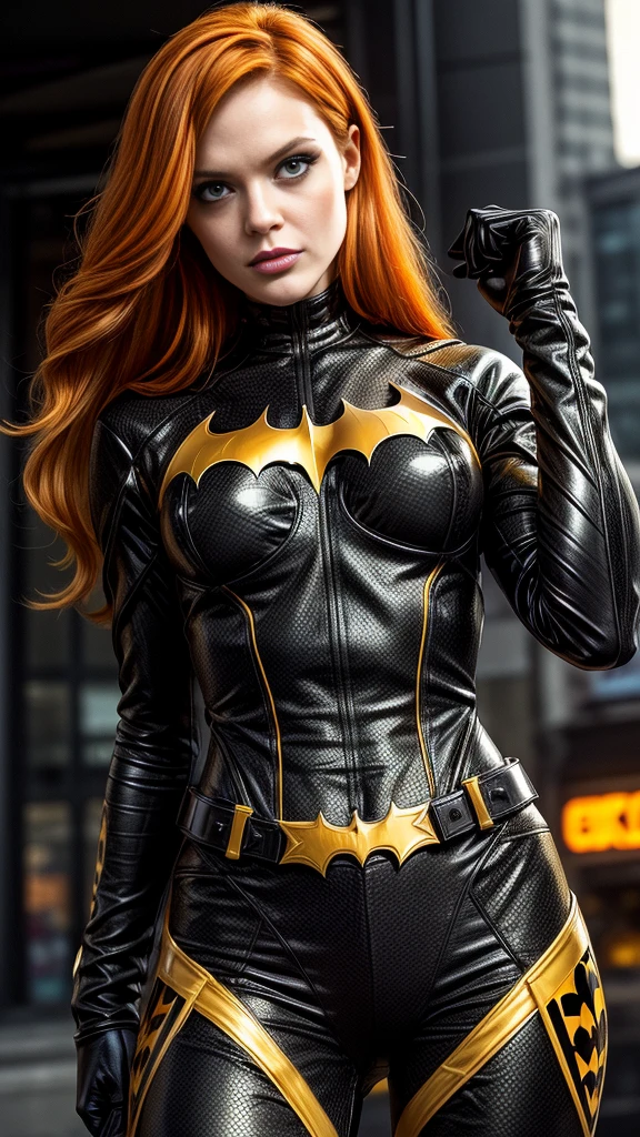 "BatGirl"(Barbara Gordon)a close up upper body, black and gold costume,long orange hair, batgirl, extremely detailed,Batgirl sexy de DC Comics, long orange hair,masterpiece, The best quality, dark modern metropolis city, (honeycomb pattern), (creative:1.3), sy3, SMM, fantasy00d,sexy provocative pose