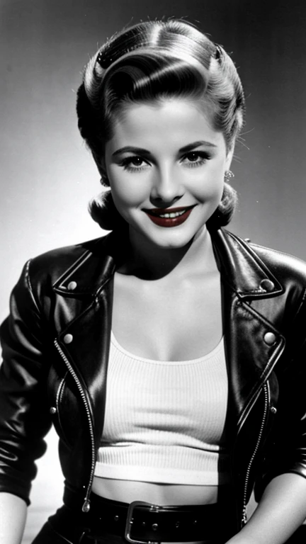 Joan Fontaine dressed in sexy biker clothes with lipstick and smiling