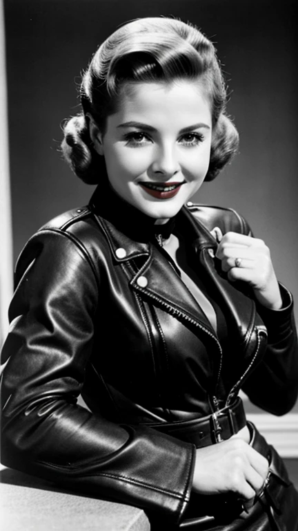 Joan Fontaine dressed in sexy biker clothes with lipstick and smiling