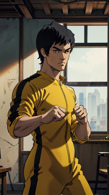 (1man: Bruce lee), (extremely detailed CG unit 8k wallpaper),(master part), (best quality), (ultra detali), (best illustration),(bruceleejumpsuit), cowboy shot, (Sharp eyeliner, ombre, detailed eyes:1), earth in the background, police station indoors, ,break , (ghibli style), upper body,short hair, black hair