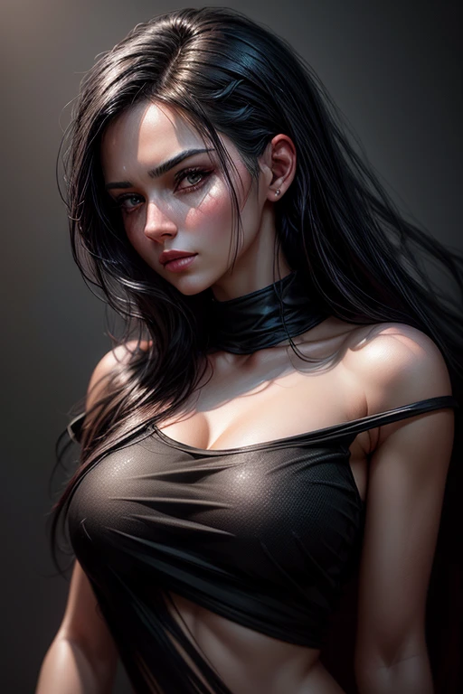 a closeup of a woman with a black top and black hair, a hyperrealistic painting by Charlie Bowater, Trending on ArtStation, digital art, realistic digital painting, hyperrealistic digital painting, ultra realistic digital painting, realistic digital drawing, High quality portrait, detailed beautiful portrait, epic portrait illustration, hyperrealistic beautiful face, realistic detailed face portrait, ultrarealistic portrait