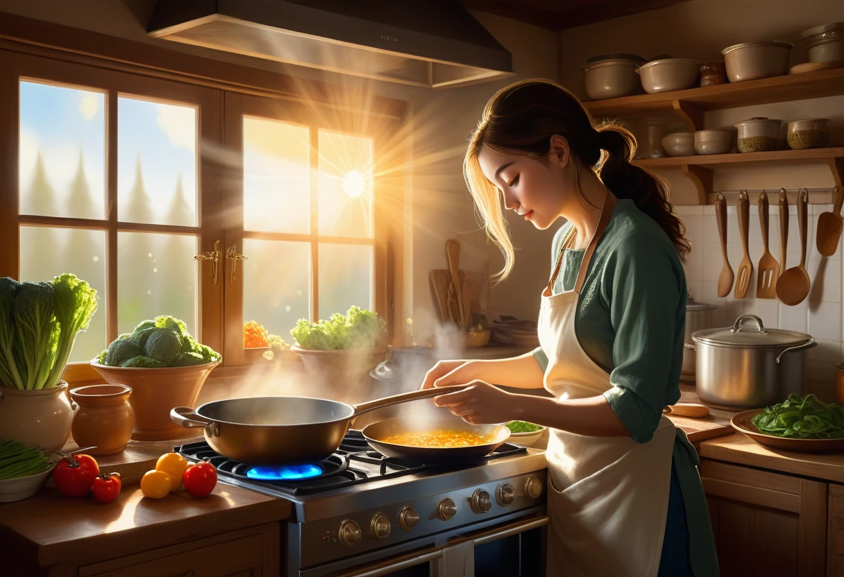 A heartwarming digital painting of a beautiful woman cooking in a charming, cozy kitchen. Viewed from the side, her profile showcases her concentration as she stirs a pan containing vegetables and fish. Her hands are deftly maneuvering cooking utensils, while the warm, golden sunlight from a nearby window casts a soft, glowing halo around her. The kitchen is filled with earthy tones, creating a comforting atmosphere. An assortment of cooking tools and ingredients are visible, enhancing the scene's authenticity. The mood is one of love, nostalgia, and the appreciation of everyday moments.