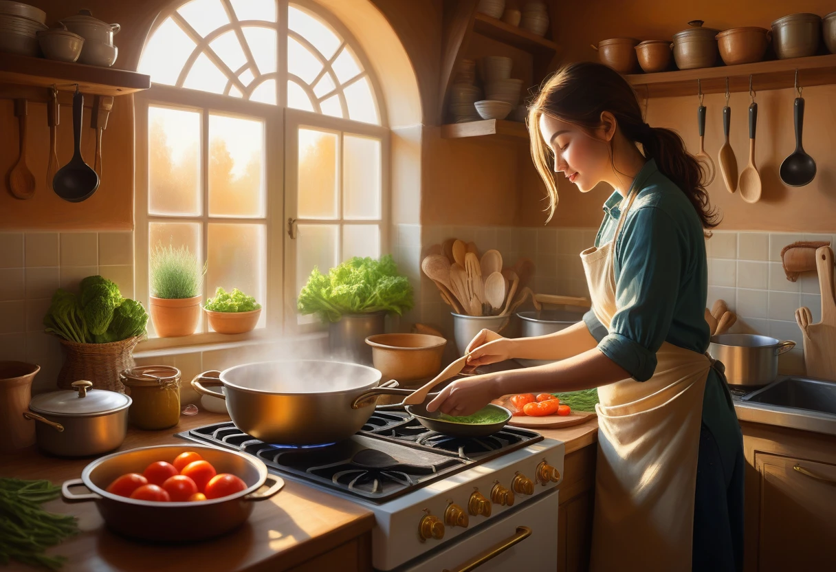 A heartwarming digital painting of a beautiful woman cooking in a charming, cozy kitchen. Viewed from the side, her profile showcases her concentration as she stirs a pan containing vegetables and fish. Her hands are deftly maneuvering cooking utensils, while the warm, golden sunlight from a nearby window casts a soft, glowing halo around her. The kitchen is filled with earthy tones, creating a comforting atmosphere. An assortment of cooking tools and ingredients are visible, enhancing the scene's authenticity. The mood is one of love, nostalgia, and the appreciation of everyday moments.